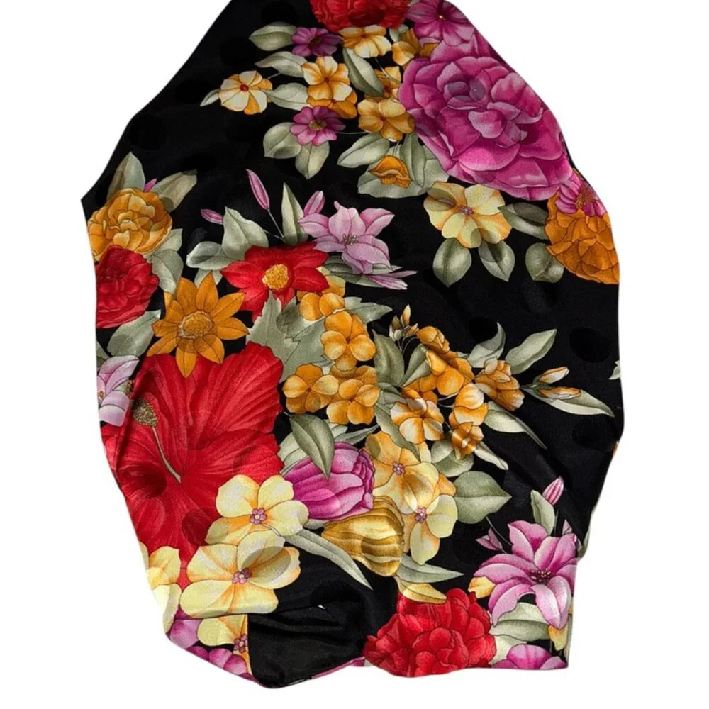 Bandit Scarf Vintage RICH black floral print 100% silk handkerchief scarf